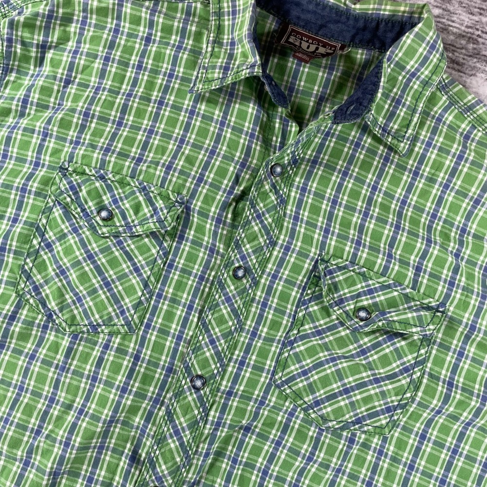 Cowboy Up Mens XL Green Plaid Western Pearl Snap Long Sleeve Shirt Classic Fit - Picture 5 of 9